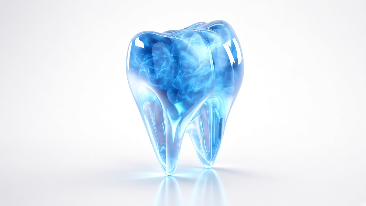 Dente de vidro azul, imagem ilustrativa — não é uma foto real da equipe Harus